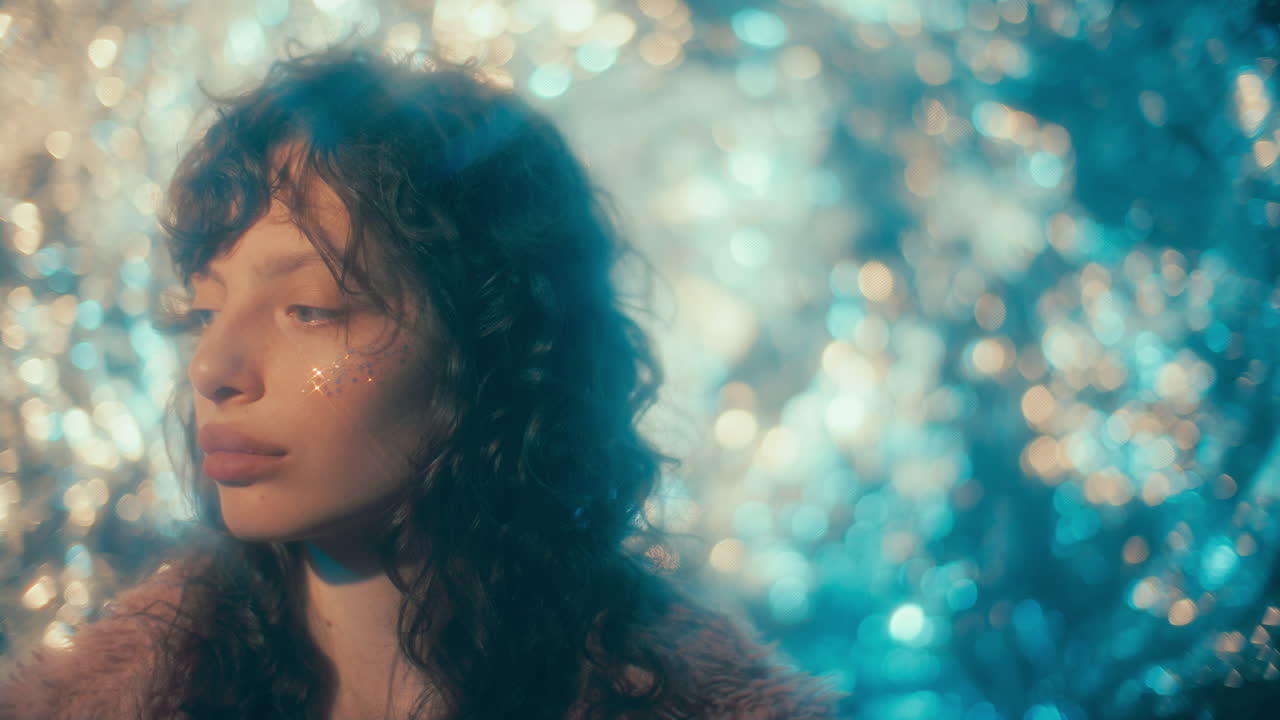 Dreamy Girl with Glitter Makeup against Shimmering Bokeh Lights