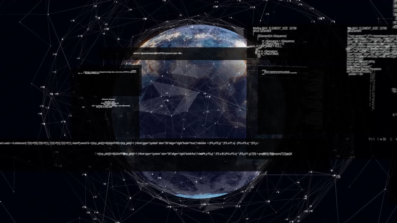 animación de lenguaje informático sobre puntos conectados con números alrededor del globo en fondo negro