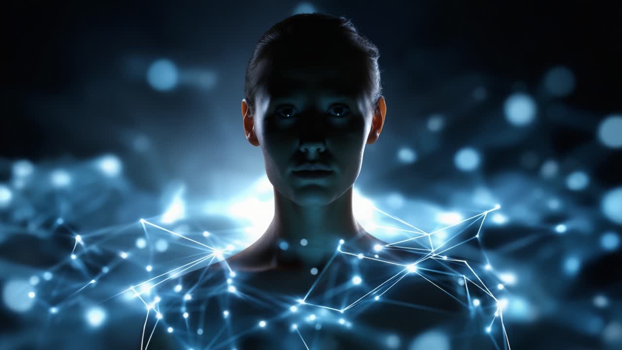 Una suggestiva silhouette digitale di una persona in mezzo a una rete vorticosa di connessioni incandescenti e nodi luminosi, che simboleggia la fusione tra umanità e tecnologia