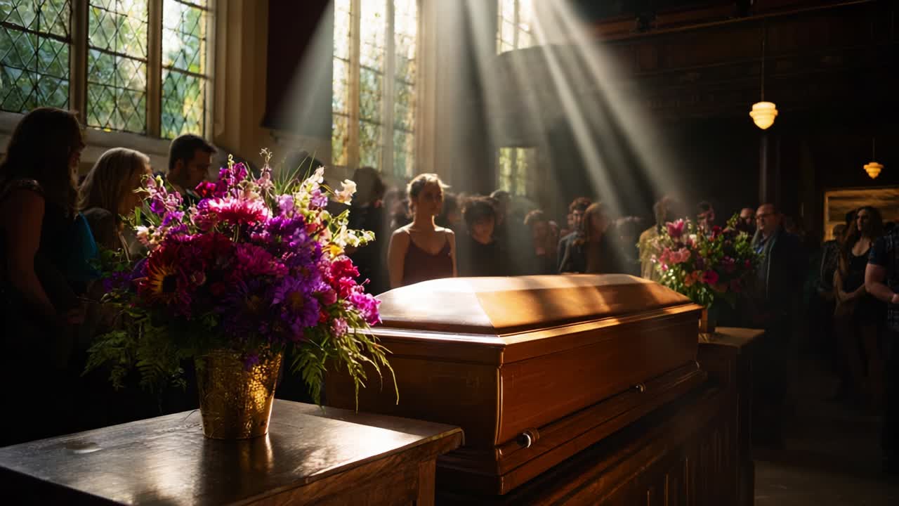 A somber gathering in a sunlit chapel, filled with flowers and reflections, as family and friends pay their respects to a loved one, revealing the deep emotions of loss and remembrance in a visually touching moment