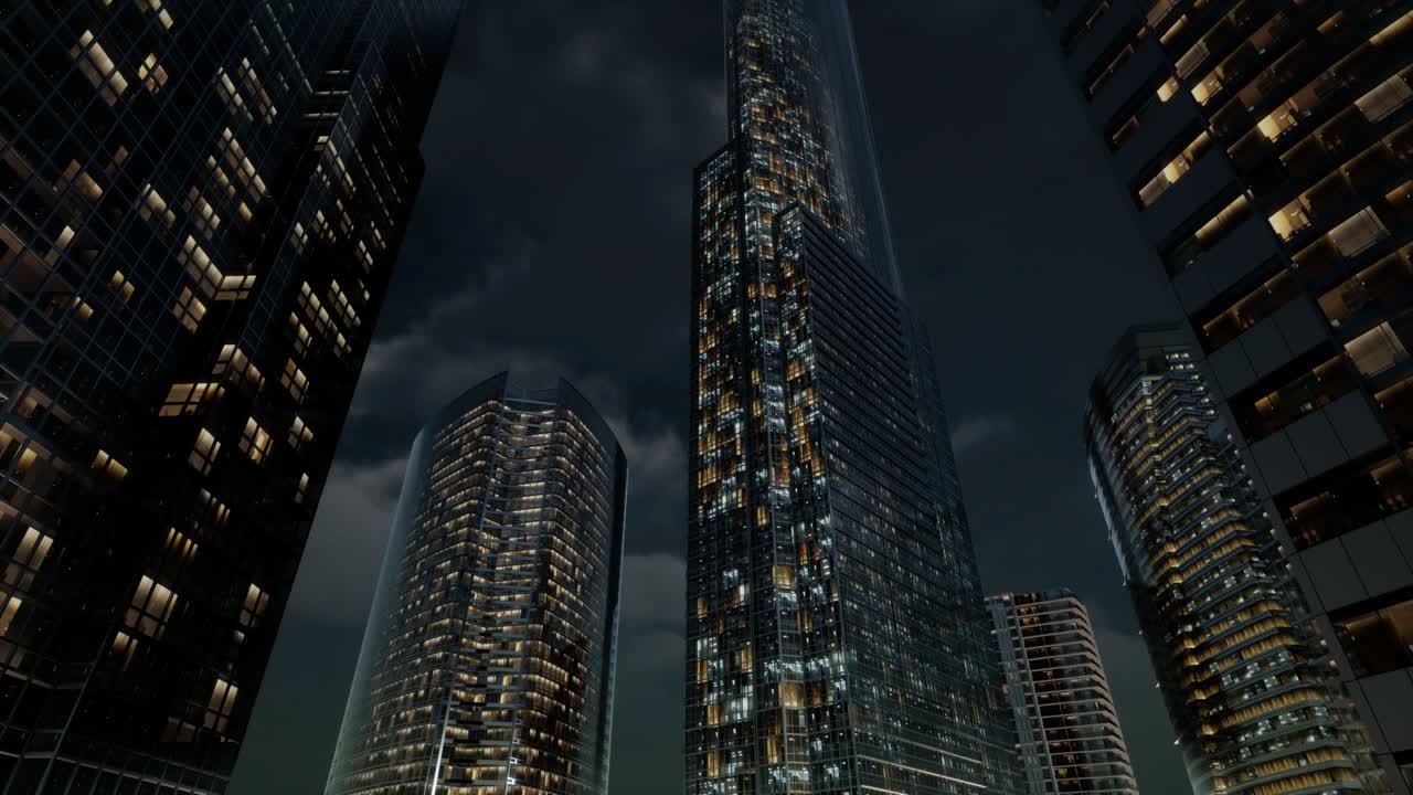 edificios de oficinas de rascacielos de vidrio con cielo oscuro