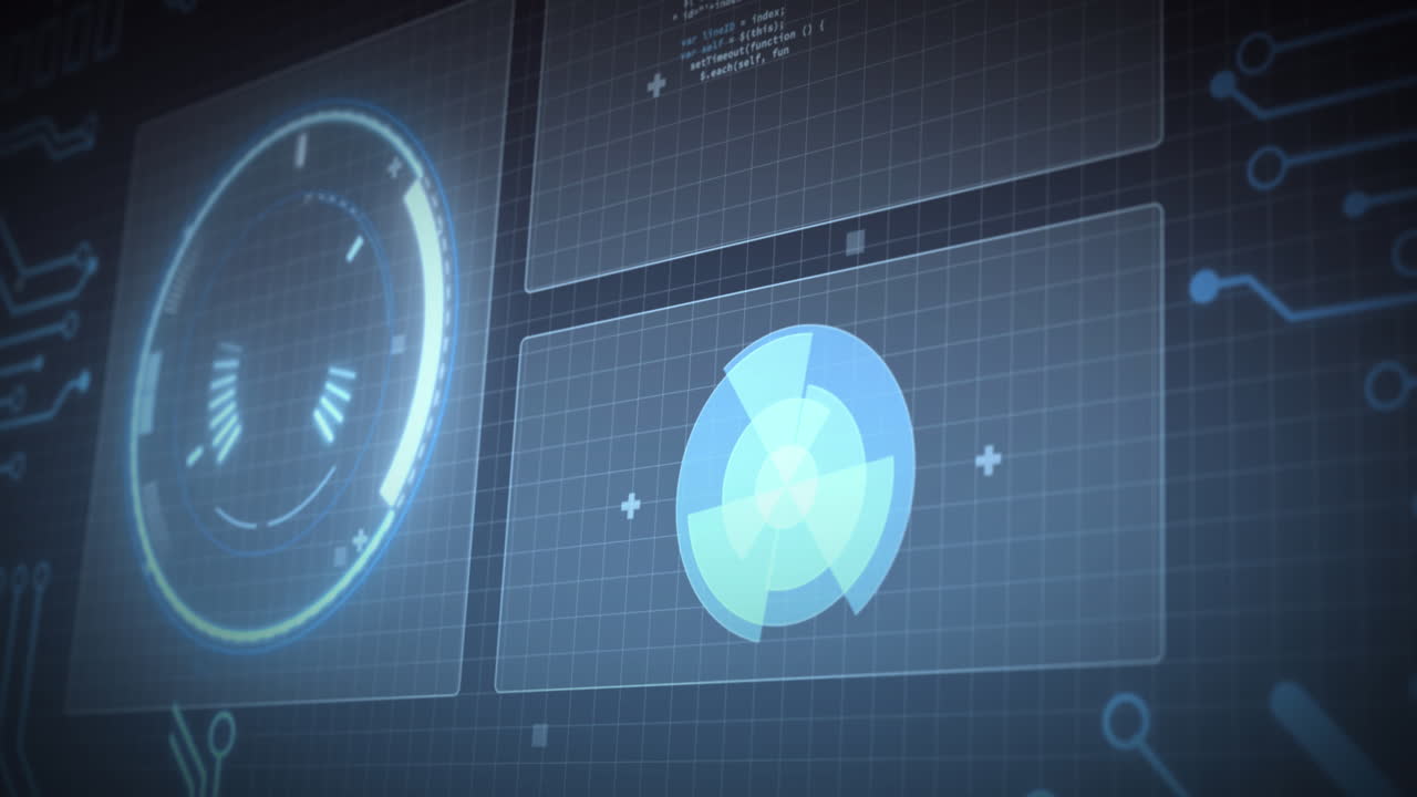 animación del procesamiento de datos y el escaneo de ámbitos en pantallas sobre cuadrícula