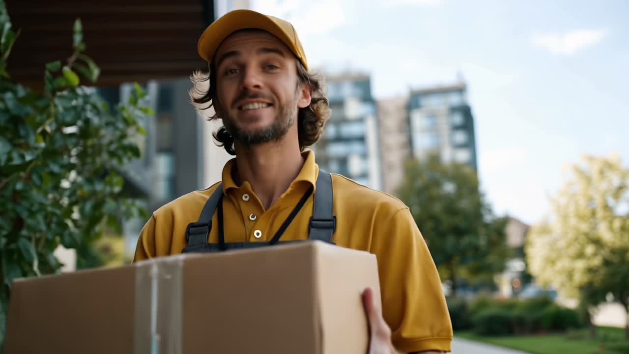 Un corriere sorridente in uniforme tiene un pacco in un contesto urbano, mostrando professionalità e un servizio amichevole nel settore delle consegne