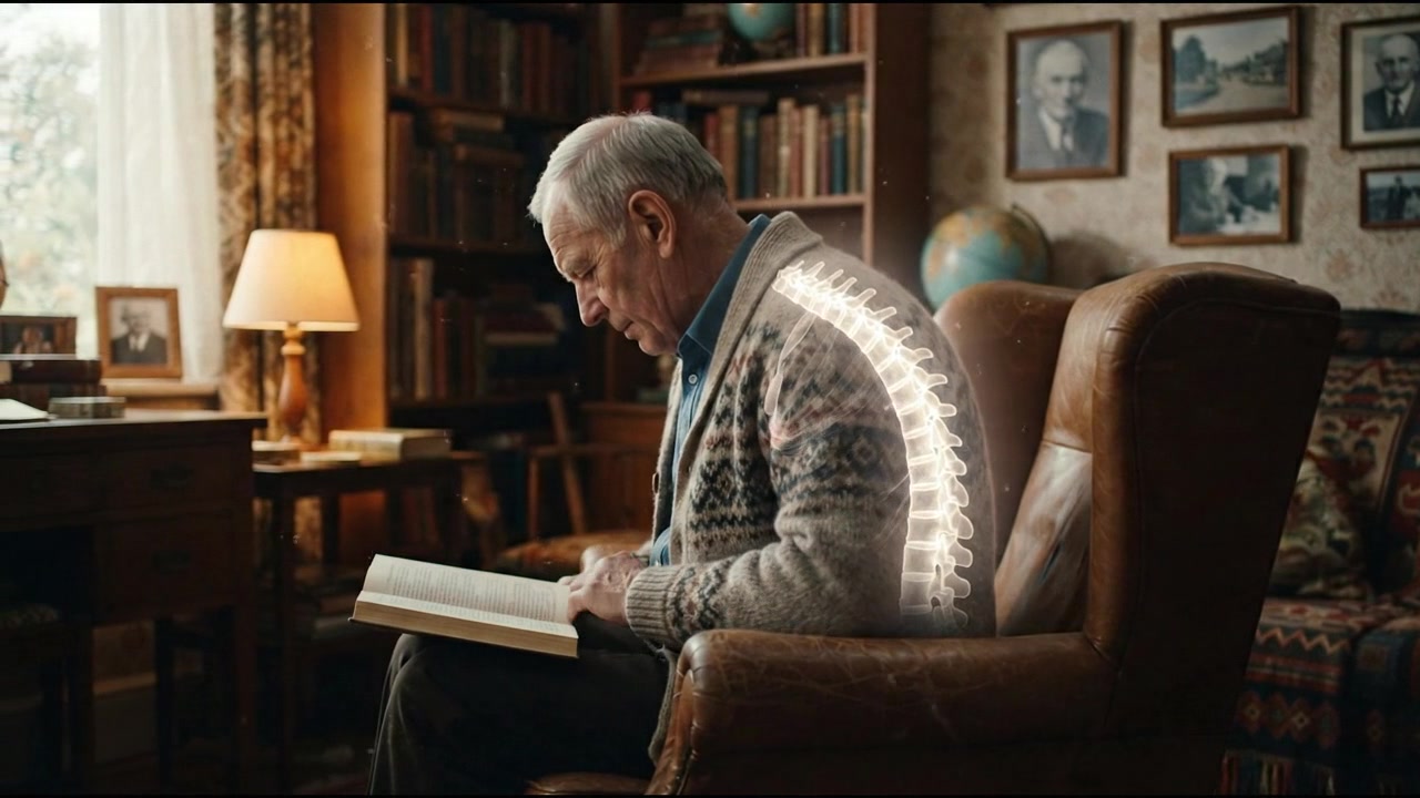 Anziano che legge un libro su una comoda poltrona in biblioteca