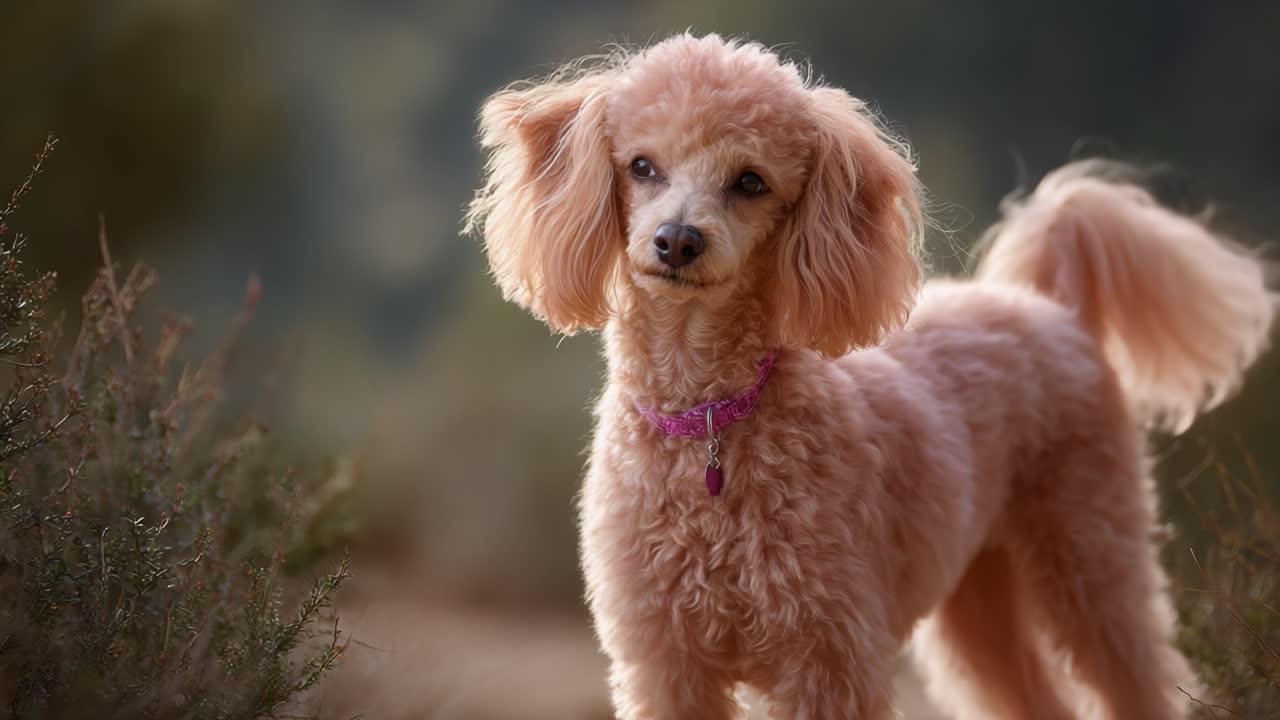 Un adorabile barboncino toy che mette in mostra la sua personalità affascinante in un ambiente naturale all'aperto, irradiando felicità e allegria in ogni fotogramma del video