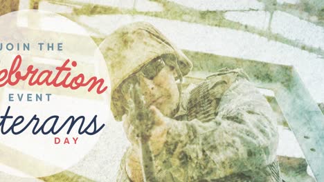 animation of veterans day text over american soldier