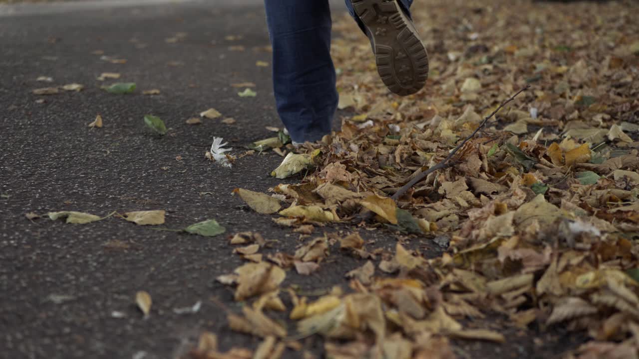 Legs walking on autumn leaves on a lane medium shot