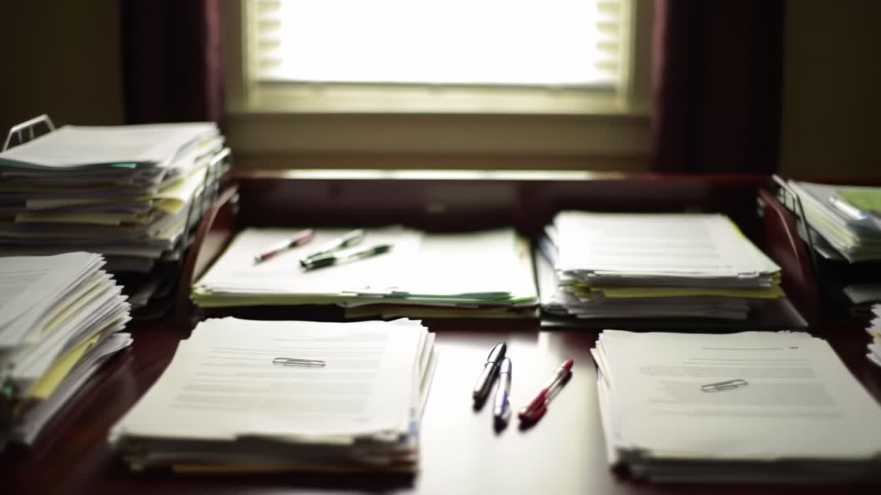 A cluttered workspace filled with stacks of paperwork, colorful pens, and organized files under soft natural light streaming through a window, creating a productive atmosphere