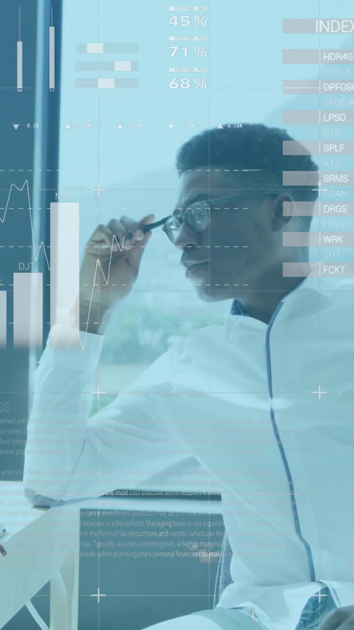 Animation of statistical data processing against thoughtful african american man at office