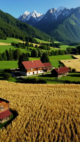 alpine farmhouses and golden fields in a mountain valley
