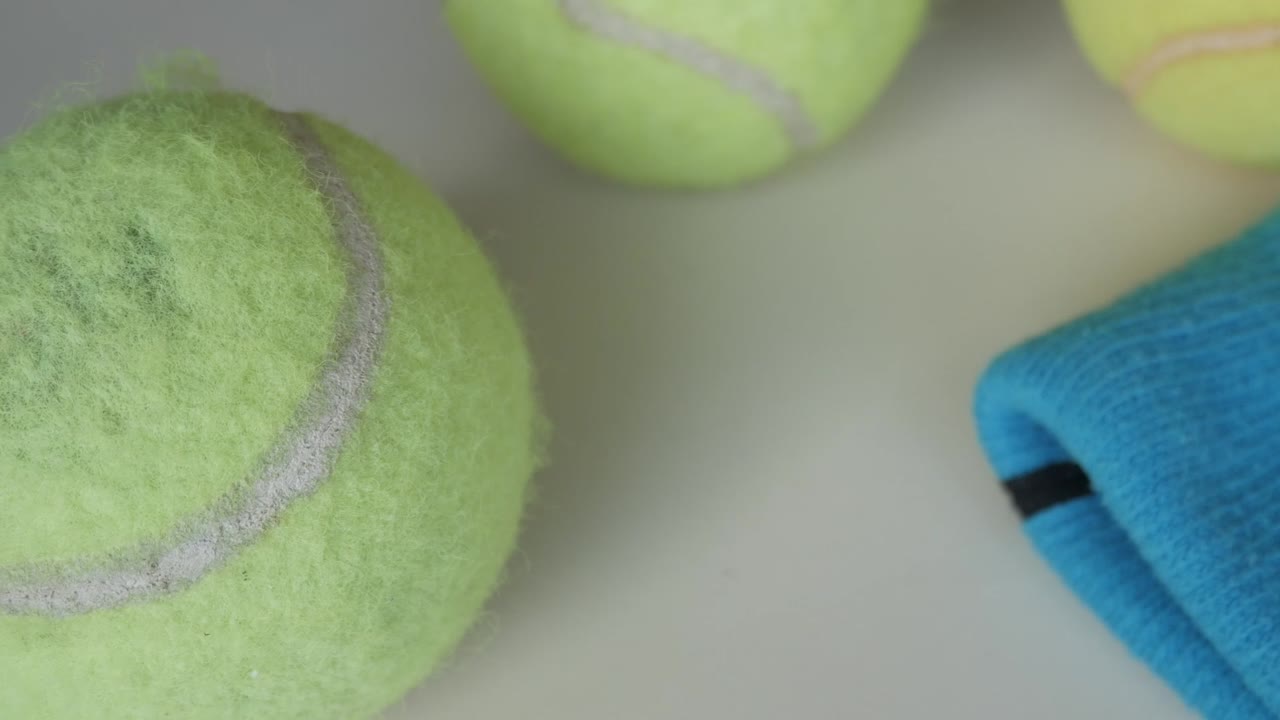 Close-up view of three tennis balls and a blue wristband on white surface, zoom out