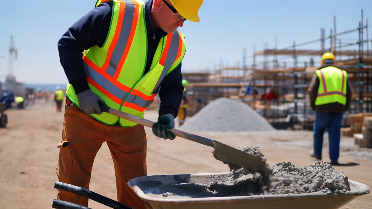 Trabajador de la construcción mezclando hormigón con pala en una obra soleada al aire libre, llevando un chaleco de alta visibilidad