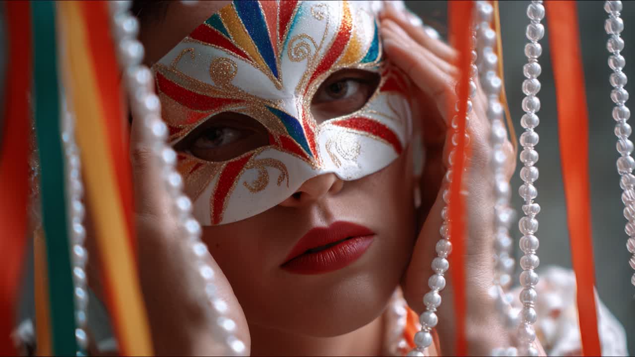 Una donna con una maschera da ballo in maschera colorata posa delicatamente su uno sfondo di perline luccicanti, immortalando un momento pieno di mistero ed eleganza