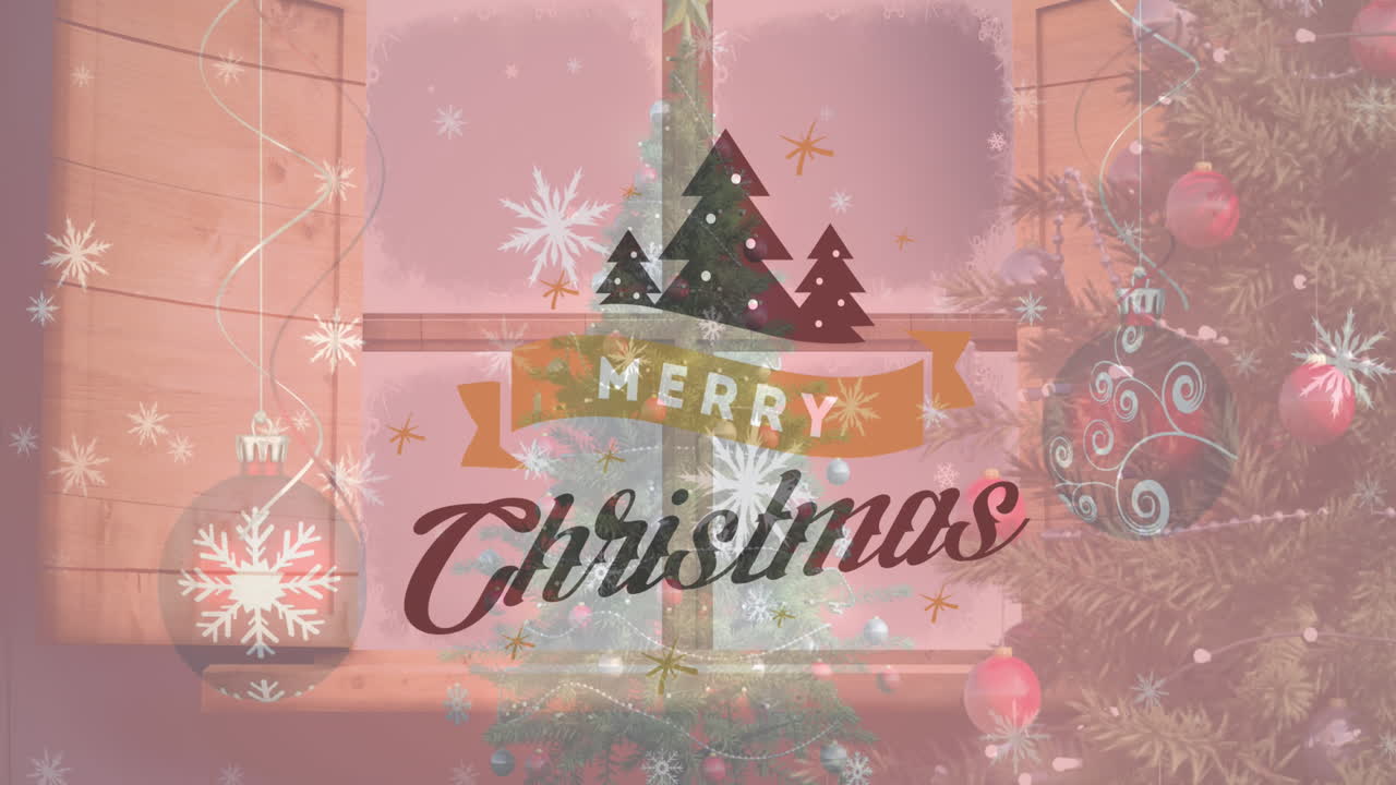 크리스마스 나무 와 장식물 위 에 있는 크리스마스 축하 문자 의 애니메이션