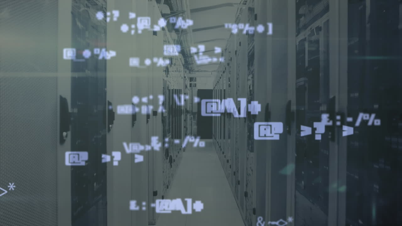 animación de múltiples símbolos y signos contra la sala del servidor en el fondo