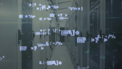 Animation of multiple symbols and signs against server room in background