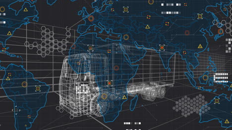 displaying wireframe semi?trailer truck moving across world map, showing hex grid and data icons