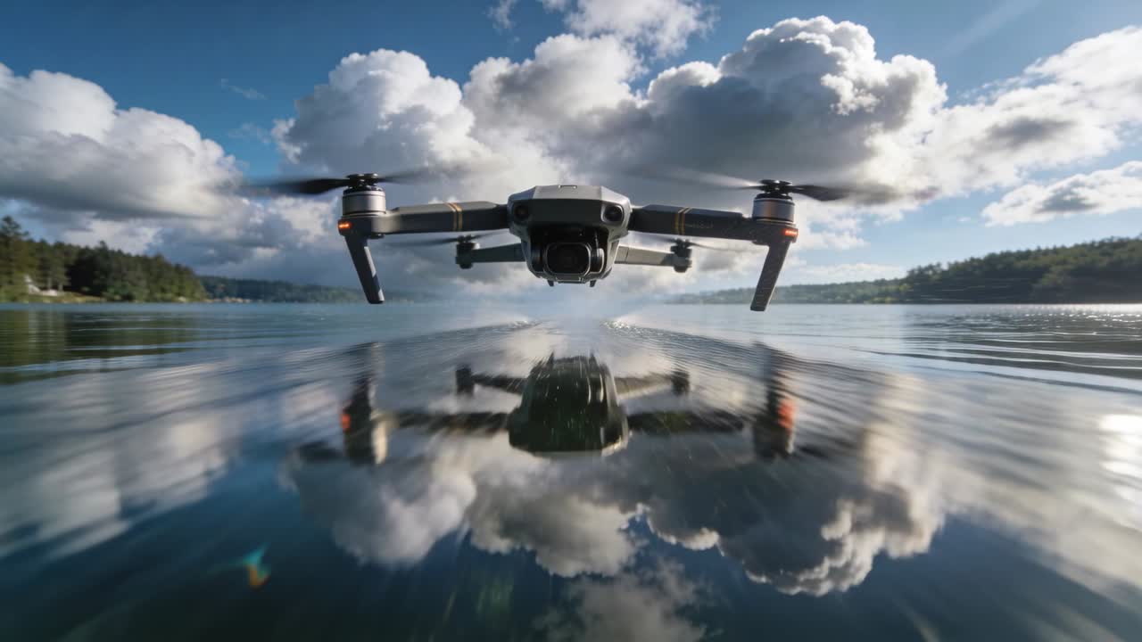 Flycam bay thấp trên hồ nước tĩnh lặng, cánh quạt tạo ra sóng gợn và làm biến dạng hình ảnh phản chiếu để quay phim.