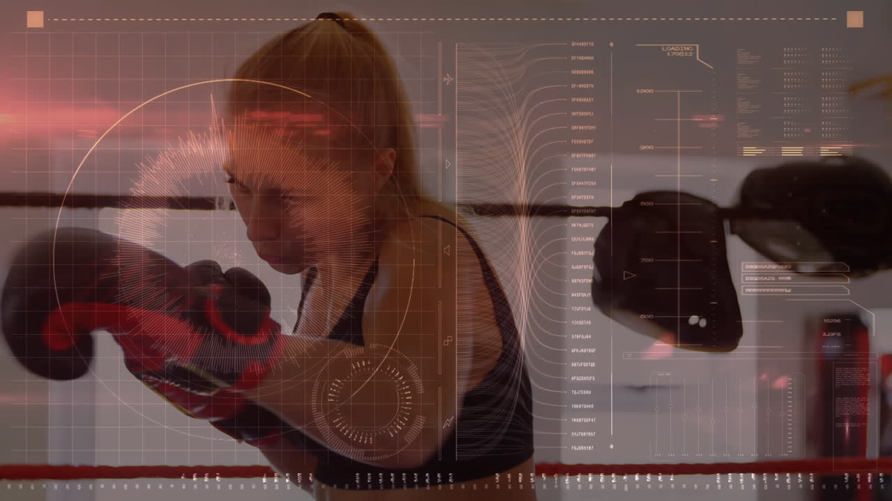 procesamiento de datos contra una boxeadora caucásica practicando sus golpes en el ring de boxeo