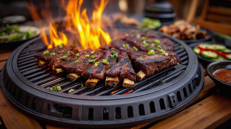 Iga Bakar Lezat Dimasak di Atas Panggangan dengan Api Menjilat Daging yang Berair, Dibumbui Sempurna dan Dihiasi Daun Bawang Segar untuk Pengalaman Rasa yang Kaya