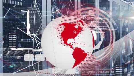 Animation-Des-Globus,-Scannen-Des-Zielfernrohrs-Und-Datenverarbeitung-über-Computerserver