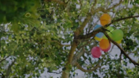 colorful balloons tangled in tree branches under bright green leaves in animation