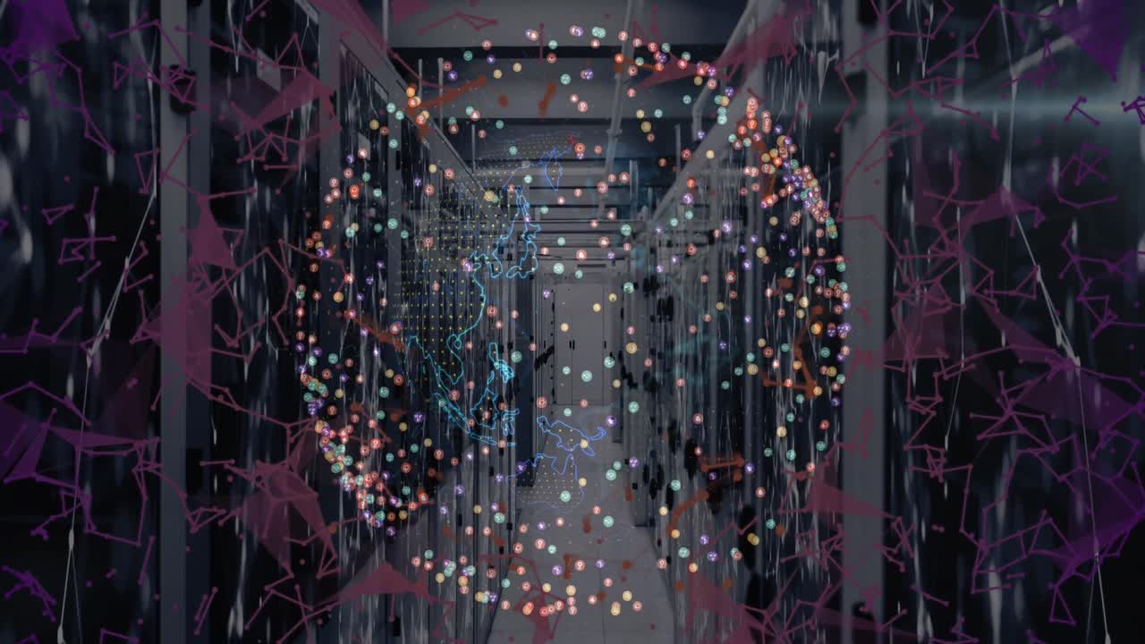 animación del procesamiento de datos y el globo sobre la sala del servidor