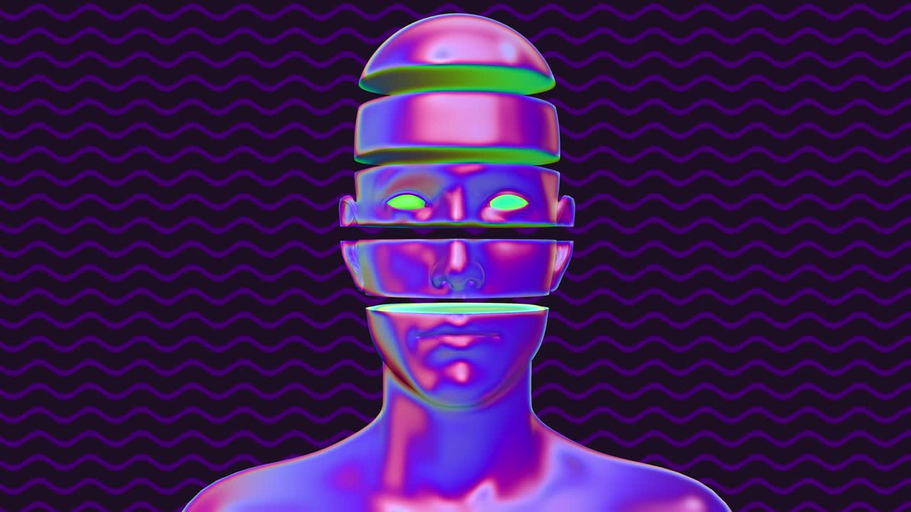 el diseño psicodélico colorido del cuerpo humano, el arte conceptual abstracto con formas geométricas, el personaje 3d realista, el hombre o la mujer en un estilo de movimiento moderno creativo, la animación de bucle de moda brillante.