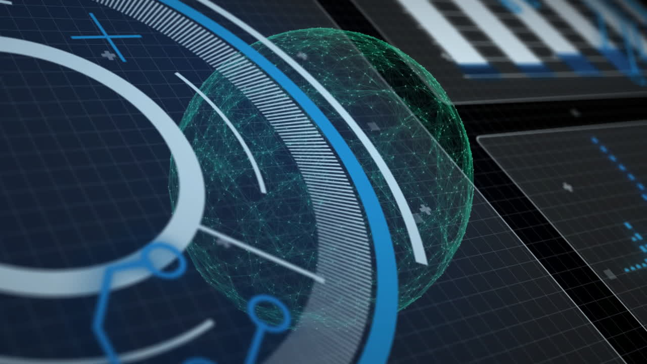 Animation of futuristic digital interface with circular graphics and grid patterns