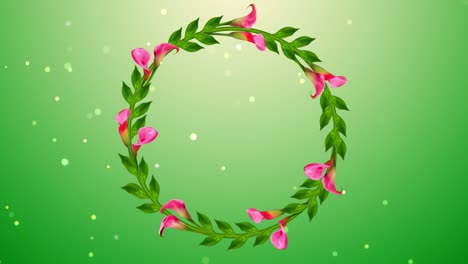 magia natural cálido círculo verde marco de vid rosa calla lirio flores y hojas se balancean en el viento con brillo brillante polvo volando