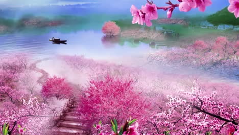Mysterious landscape China's traditional Oriental Digital Art animation, Chinese retro painting ink misty mountain with flowers, tree, birds, river in fog background