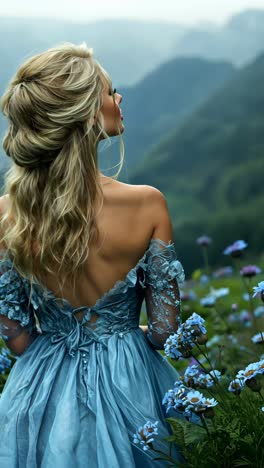 portrait of a woman in a blue dress surrounded by wildflowers