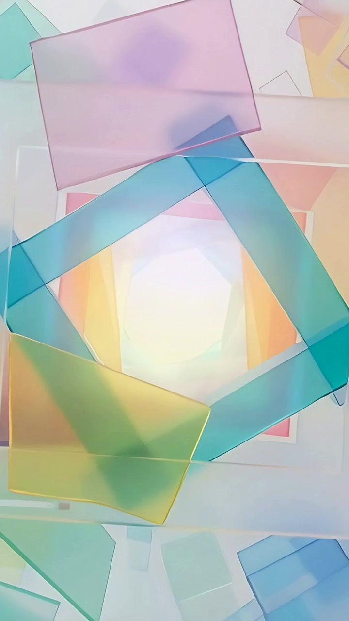 Vídeo vertical: Painéis em loop girando, deslizando na tela, revelando o núcleo e criando profundidade em tons pastel