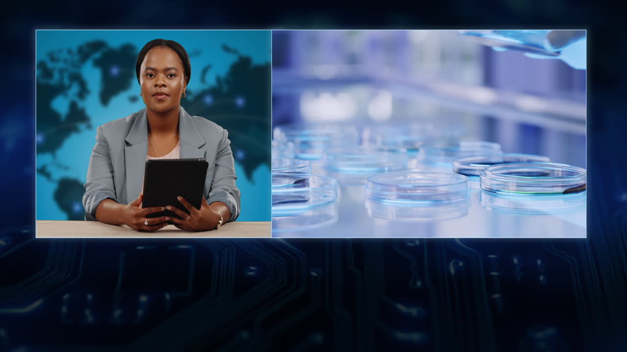 breaking news, frau und covid in der fernsehübertragung