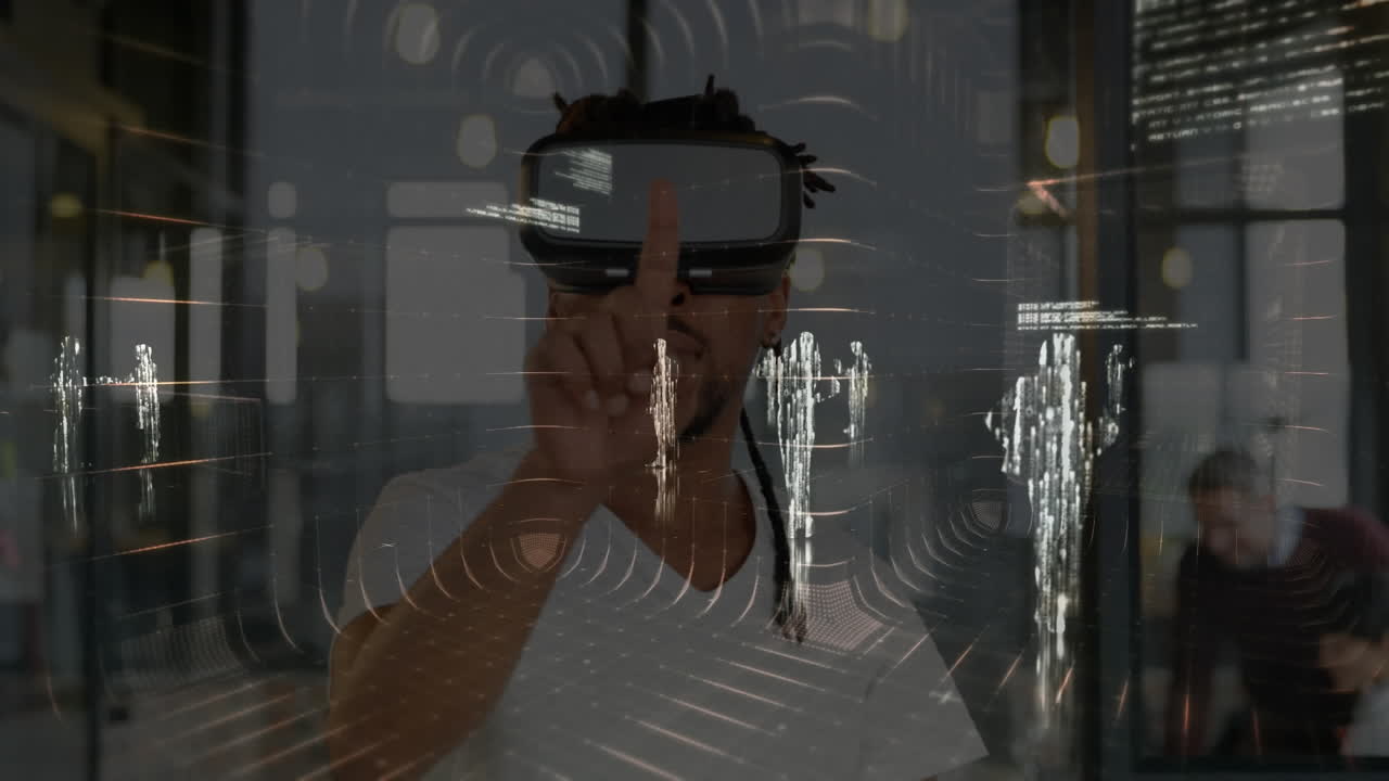 Animation of data processing over man wearing vr headset