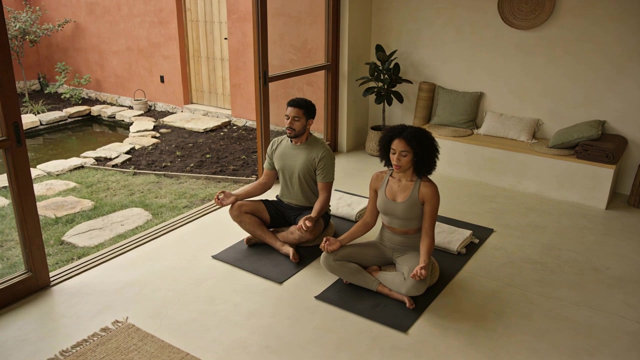 Coppia che medita su tappetini da yoga neri vicino a una porta scorrevole per il benessere, indossando abbigliamento sportivo