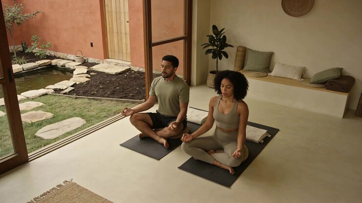 Coppia che medita su tappetini da yoga neri vicino a una porta scorrevole per il benessere, indossando abbigliamento sportivo