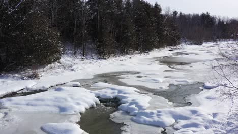 winter river coming through the snow and ice