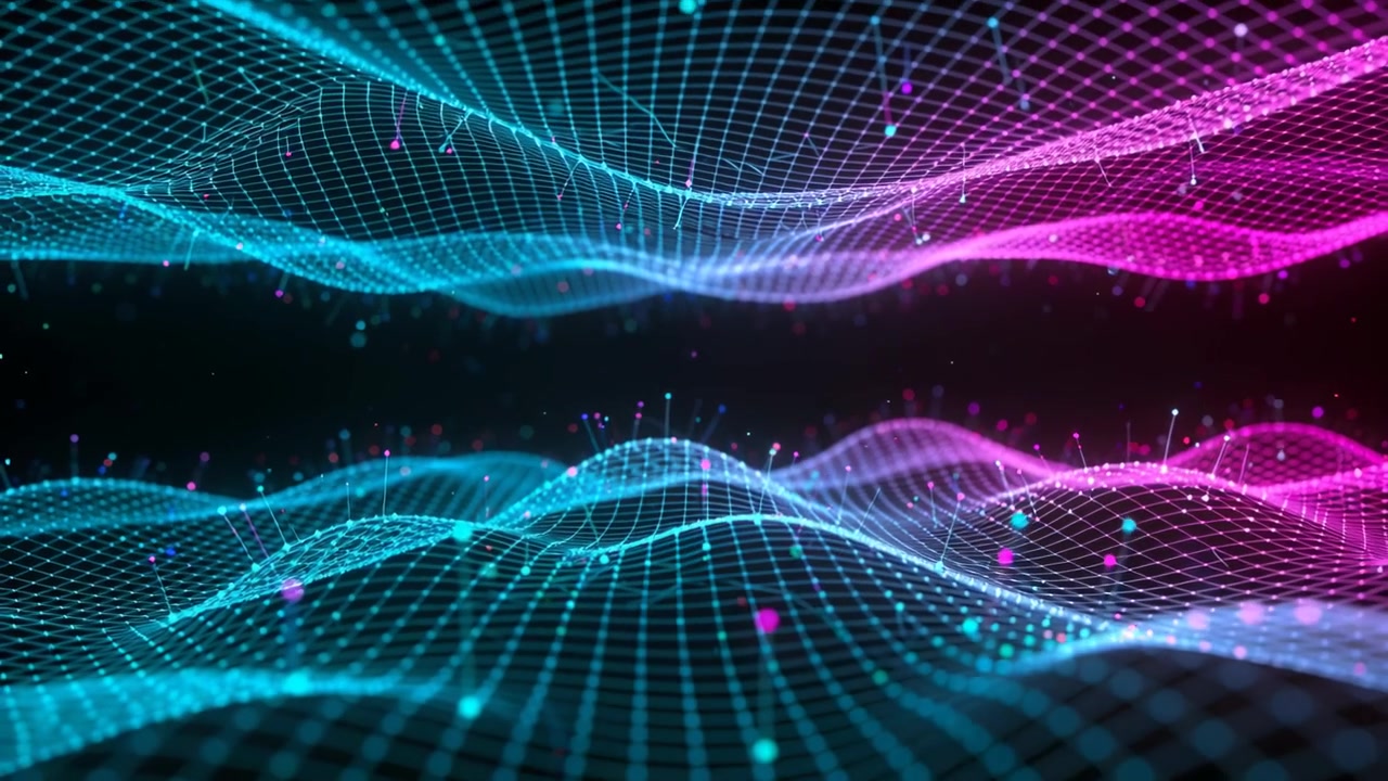 Starting dolly sending teal-magenta mesh shifting in void, particles and pins pulsing, adding depth