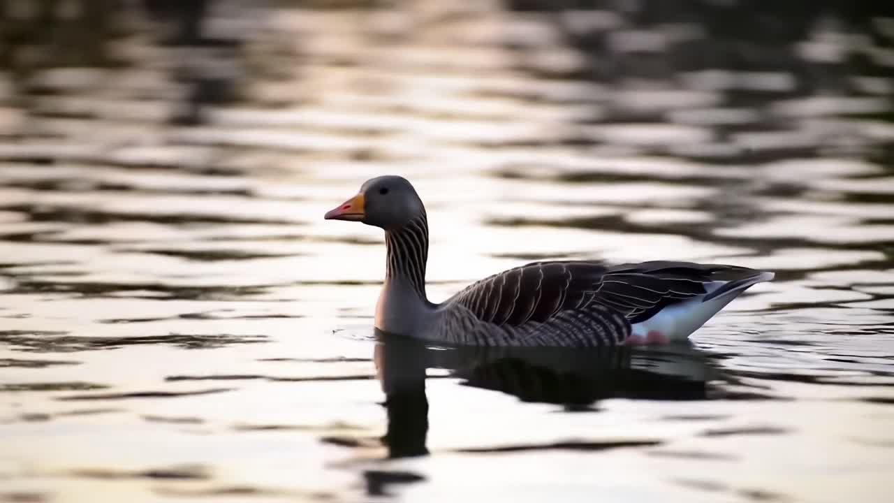 Un elegante uccello acquatico che scivola su acque calme al crepuscolo, catturando la tranquillità e la bellezza della natura nel suo habitat naturale