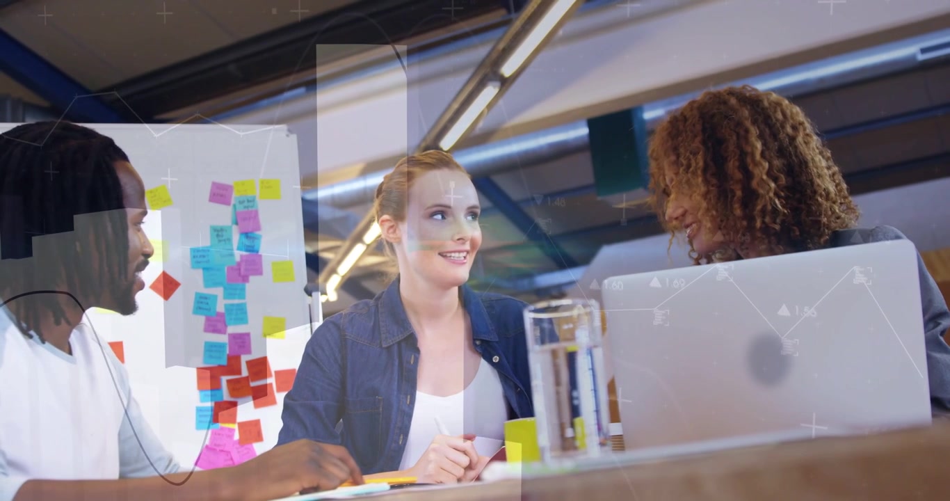 Team leading biz planning table center speaking sparking left joining laptop showing sticky overlay
