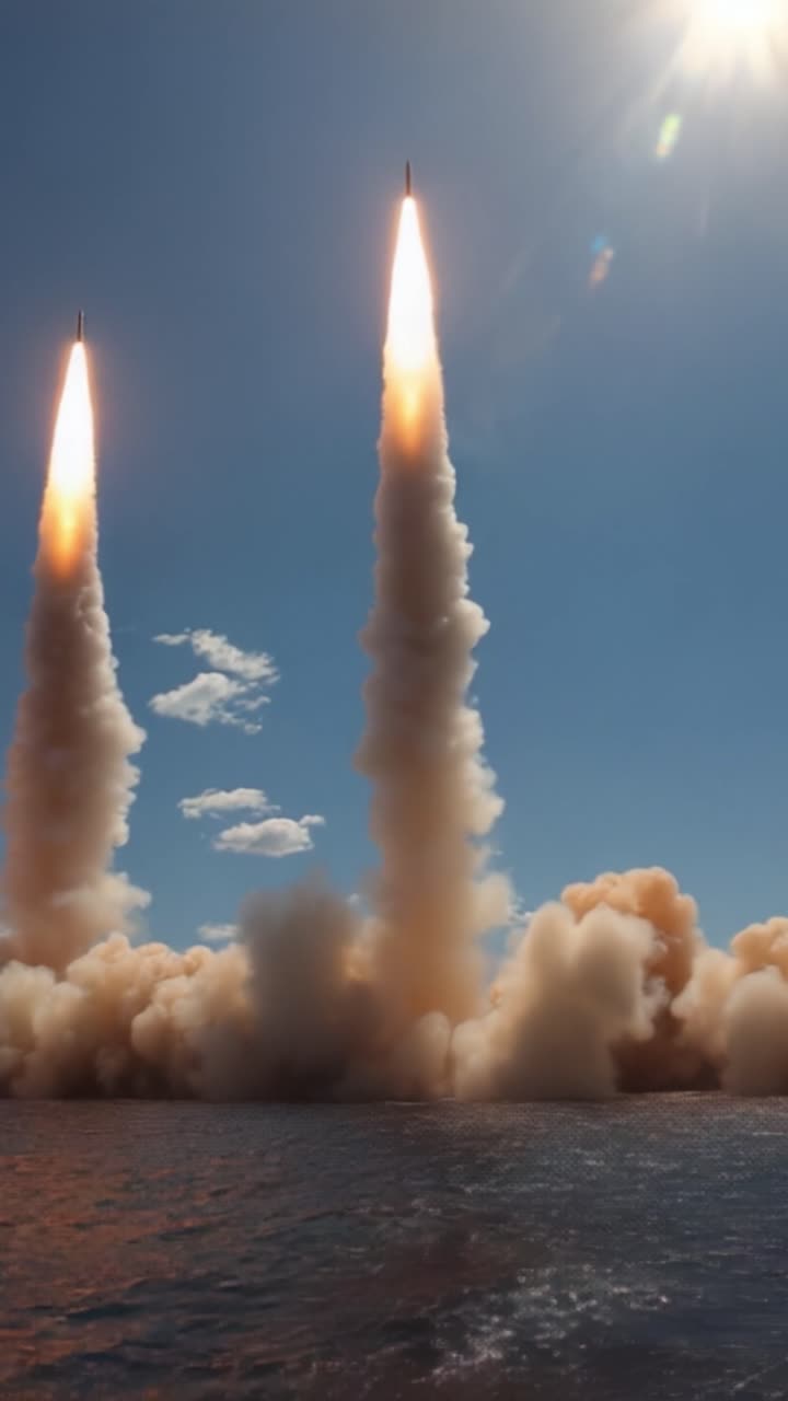 Astonishing Dual Rocket Launch Over Ocean, Displaying Power and Precision with Fiery Contrails Against a Clear Blue Sky