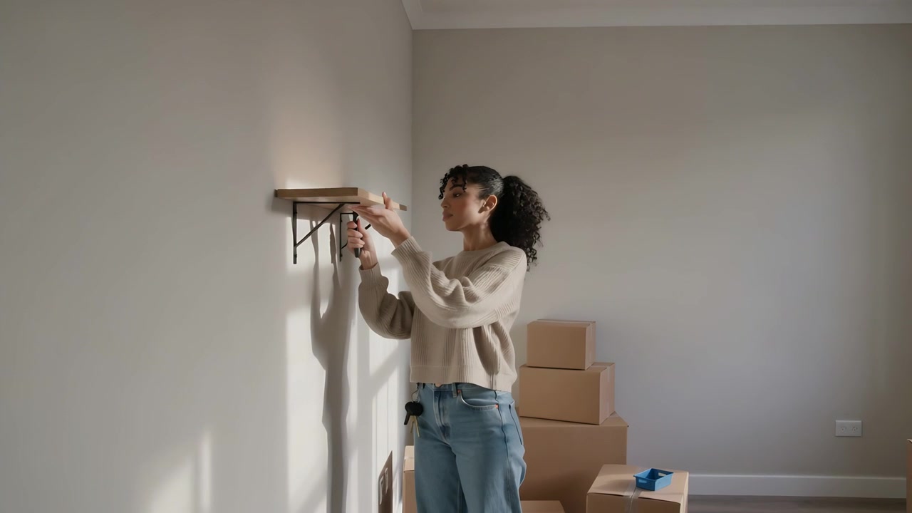 Donna in maglione che allinea uno scaffale, stringendo le viti su una staffa metallica con un attrezzo, a casa con delle scatole.