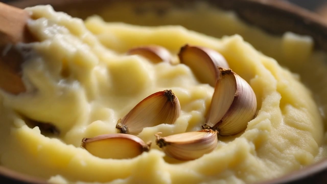 Wooden Spoon Stirring Creamy Mashed Potatoes with Garlic Cloves