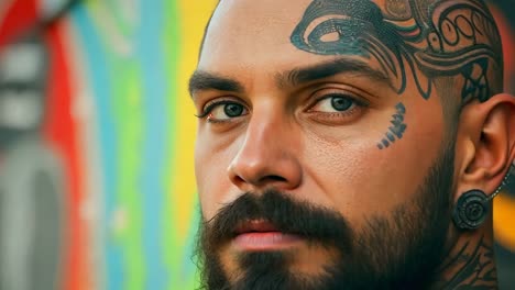 a man with a beard and tattoos on his face