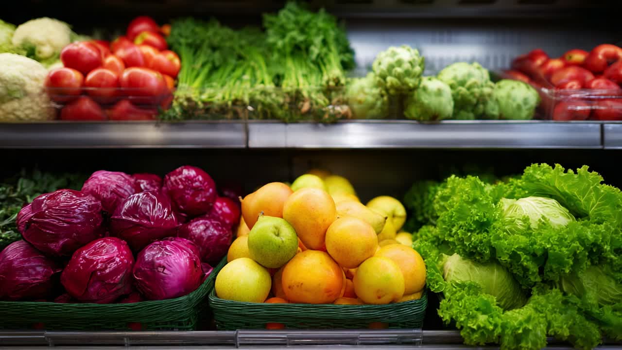 Vibrant Display of Fresh Produce Showcasing an Abundance of Vegetables and Fruits in a Grocery Store, Highlighting Colorful Arrangements and Natural Textures for a Healthy Lifestyle