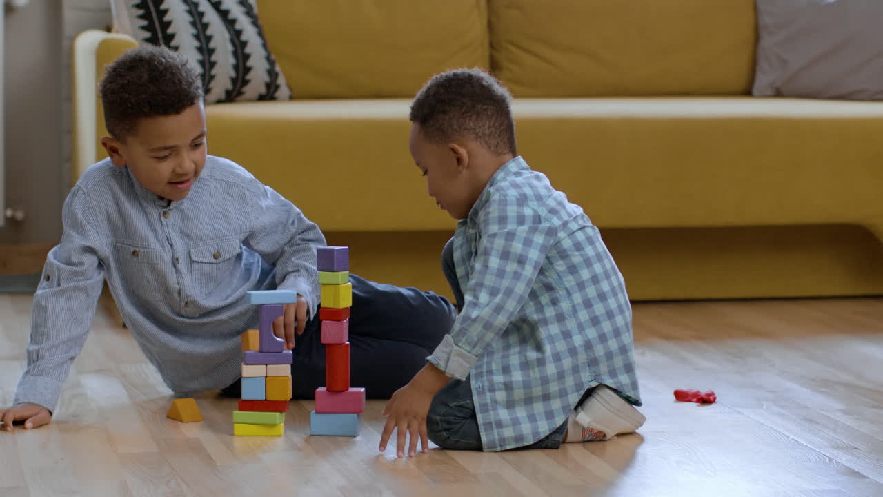 Two Boys Playing with Building Blocks