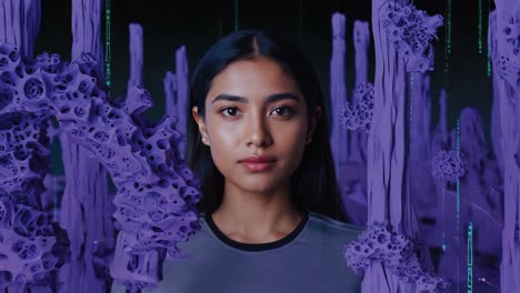 young woman in a surreal purple digital landscape