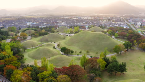 Aerial-of-historical-royal-tombs-and-cityscape-in-Gyeongju-South-Korea