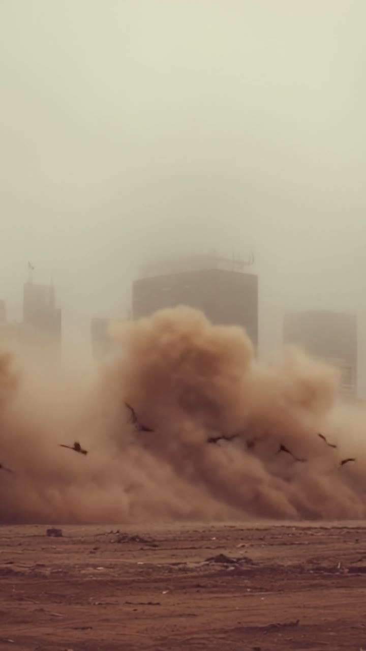 Una misteriosa tempesta di sabbia avvolge la città, mentre gli uccelli prendono il volo tra nuvole crescenti di sabbia e detriti, creando un'atmosfera inquietante e accattivante.
